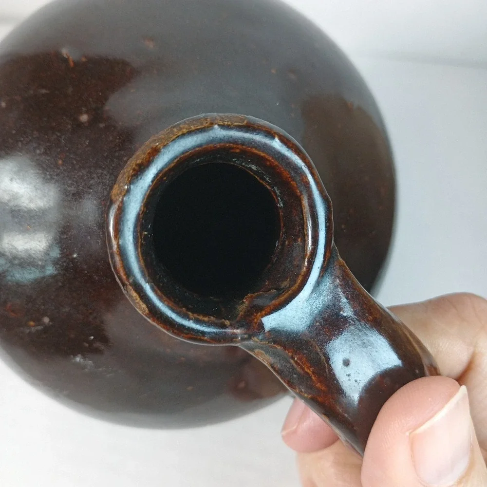 Antique Brown Stoneware Pottery Glazed Whiskey Milk Beehive Jug W/Handle 6.5x5